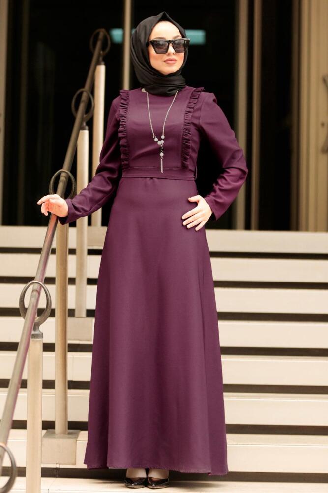 Nayla Collection - Kolyeli Mürdüm Tesettür Elbise 45180MU - 1