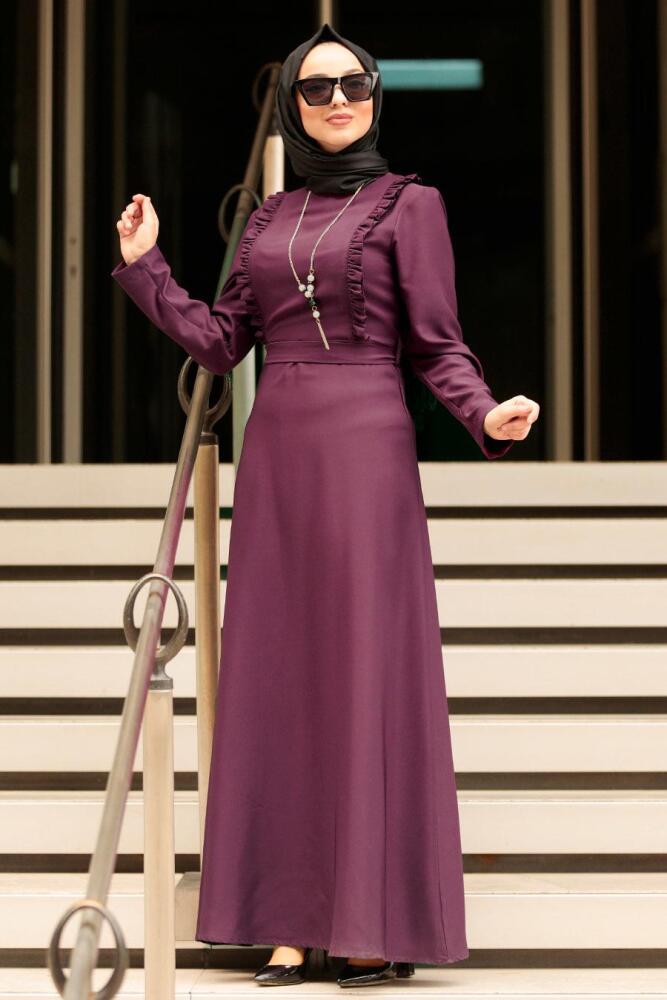 Nayla Collection - Kolyeli Mürdüm Tesettür Elbise 45180MU - 2