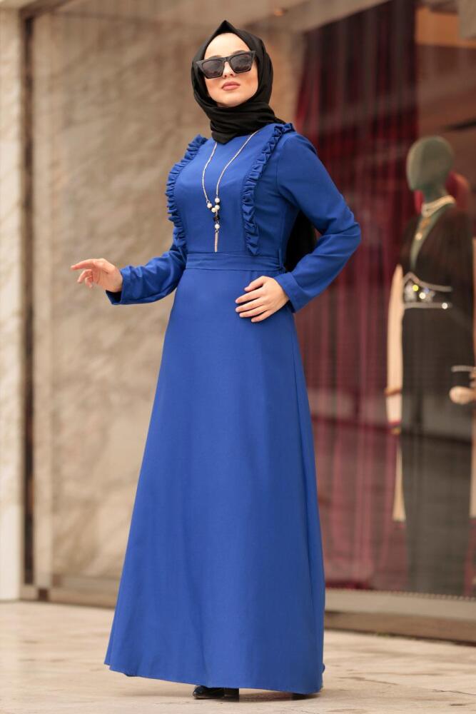 Nayla Collection - Kolyeli Sax Mavisi Tesettür Elbise 45180SX - 1