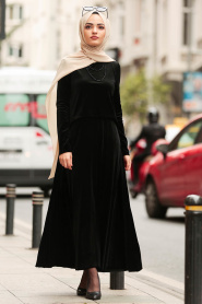 Nayla Collection - Kadife Pileli Siyah Tesettür Elbise 3194S - Thumbnail