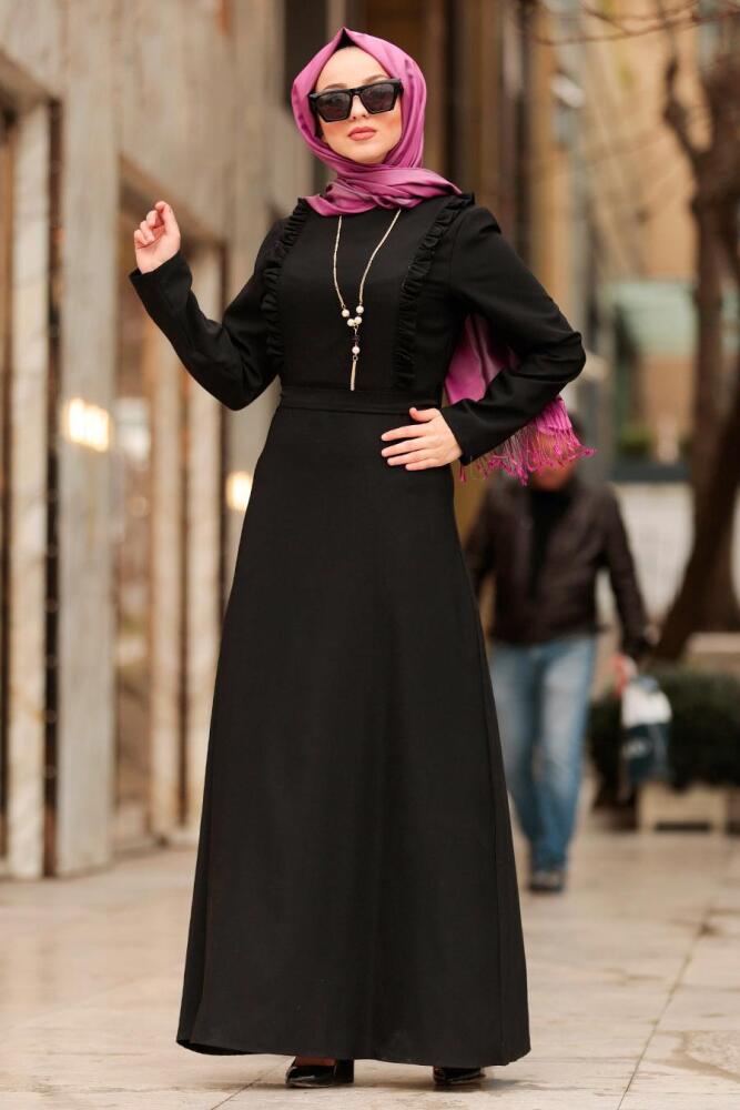 Nayla Collection - Kolyeli Siyah Tesettür Elbise 45180S - 2