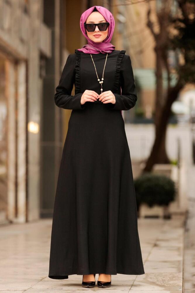 Nayla Collection - Kolyeli Siyah Tesettür Elbise 45180S - 1
