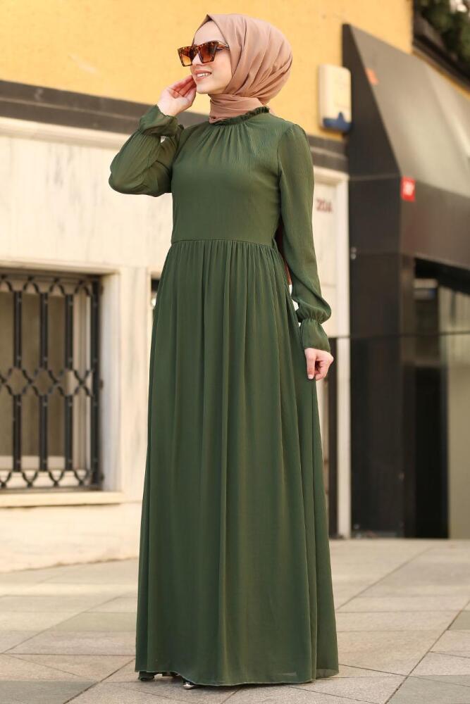 Nayla Collection - Kuşaklı Haki Tesettür Elbise 6125HK - 1
