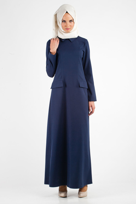 Nayla Collection - Cep Görünümlü Lacivert Tesettür Elbise 7079L