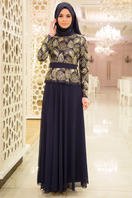 Nayla Collection - Lacivert Tesettür Abiye Elbise 6321L