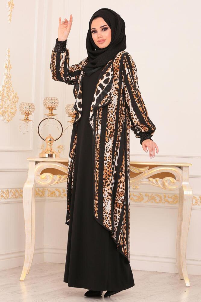 Nayla Collection - Leopar Desenli Siyah Tesettür Abaya 8994S - 1