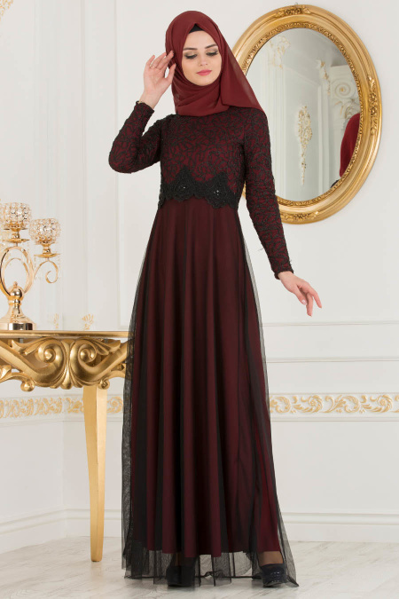 Nayla Collection - Mahogany Hijab Evening Dress 38214BR