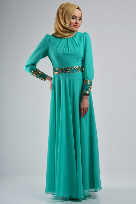 Nayla Collection - Manşetli Mint Elbise