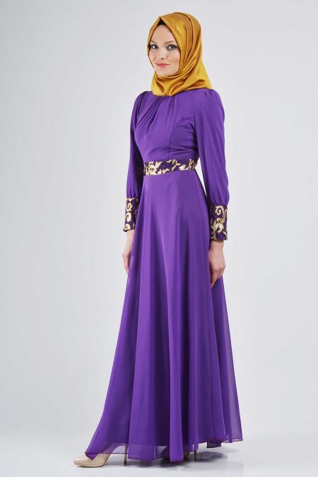 Nayla Collection - Manşetli Mor Elbise - 2