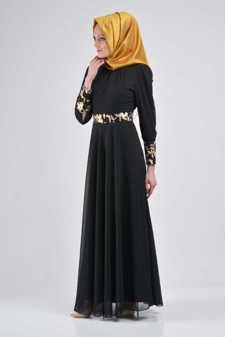 Nayla Collection - Manşetli Siyah Elbise - 2