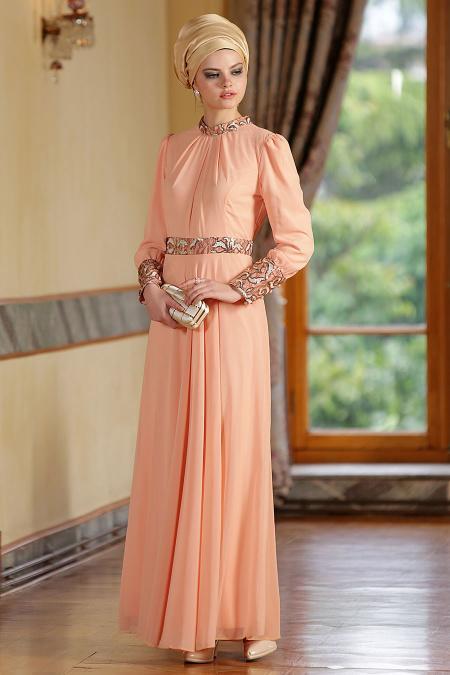 Nayla Collection - Manşetli Somon Elbise - 2