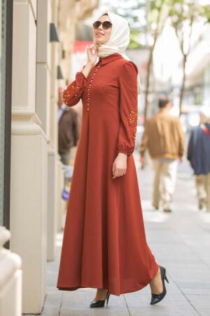 Nayla Collection - Marron Jaunatre Robe Hijab 42140TB - 1