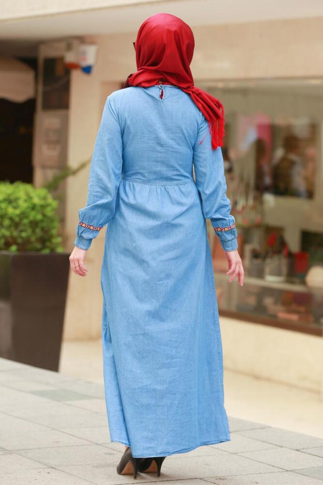 Nayla Collection - Mavi Kot Tesettür Elbise 1632M - 2