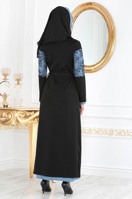 Nayla Collection - Mavi Tesettür Kombin Abaya 100299M - 2