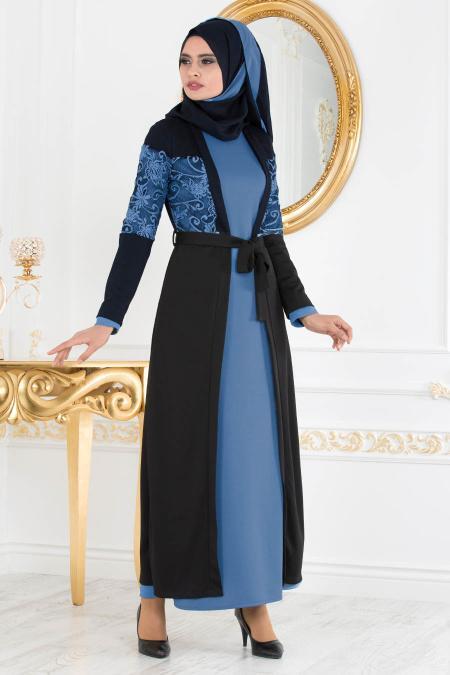 Nayla Collection - Mavi Tesettür Kombin Abaya 100299M - 1