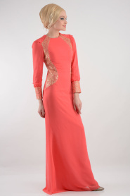 Nayla Collection - İşlemeli Mercan Tesettür Elbise 7022MR - Thumbnail