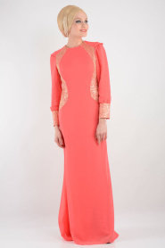 Nayla Collection - İşlemeli Mercan Tesettür Elbise 7022MR - Thumbnail
