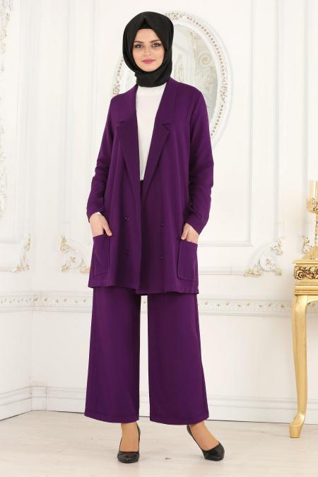 Nayla Collection - Mor Ceket / Pantolon Tesettür Takım 53530MOR - 1