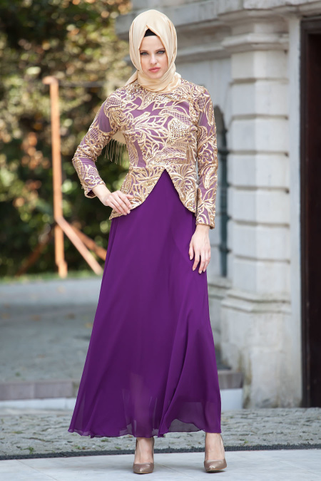 Nayla Collection - Mürdüm Tesettür Elbise 4047MU