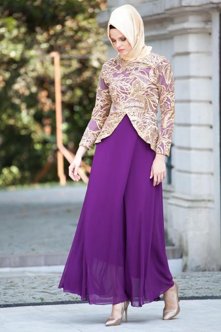 Nayla Collection - Mürdüm Tesettür Elbise 4047MU - 2