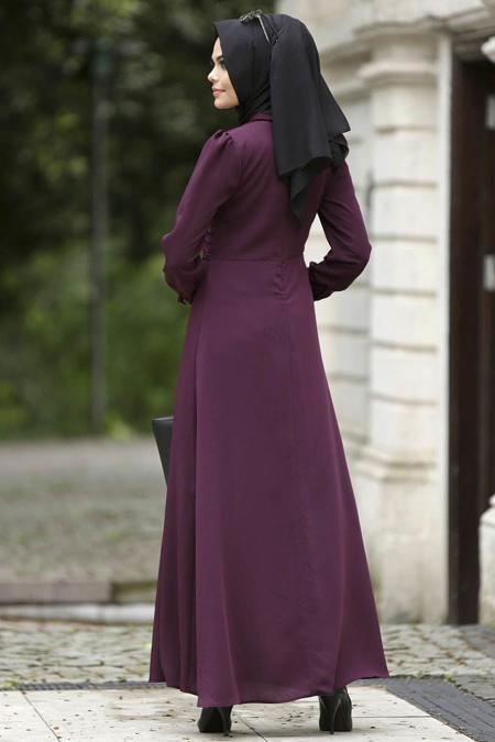 Nayla Collection - Büzgüllü Mürdüm Elbise 4014MU - 3