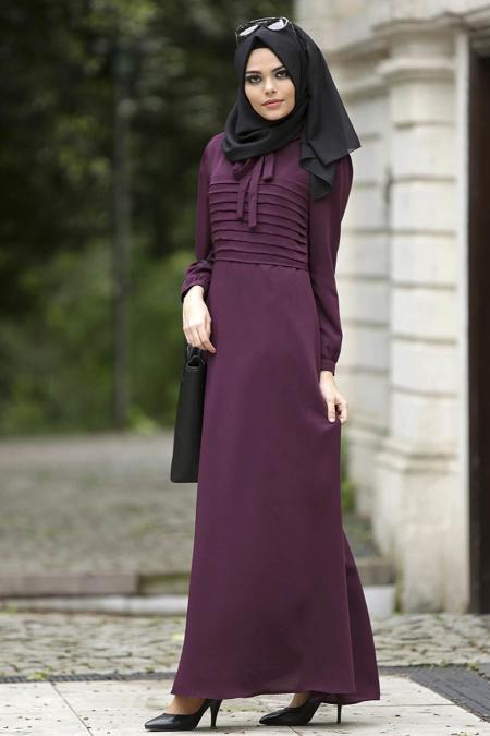 Nayla Collection - Büzgüllü Mürdüm Elbise 4014MU - 2
