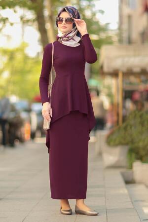 Nayla Collection - Mürdüm Etek / Bluz Tesettür Takım 10280MU - 1
