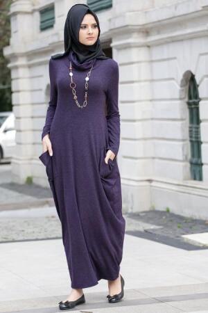 Nayla Collection - Mürdüm Penye Tesettür Elbise 3028MU - 1