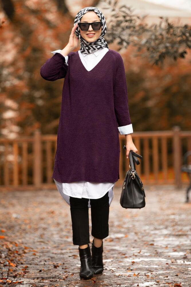 Nayla Collection - Mürdüm Tesettür Triko Tunik 20220MU - 1