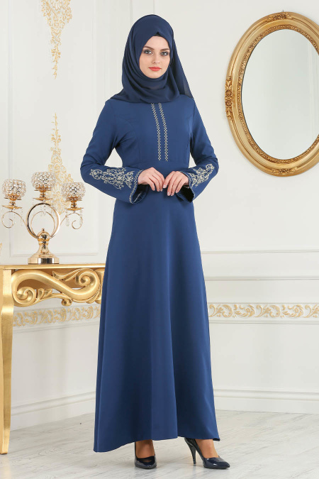 Nayla Collection - Nakışlı Petrol Mavisi Tesettür Elbise 81516PM