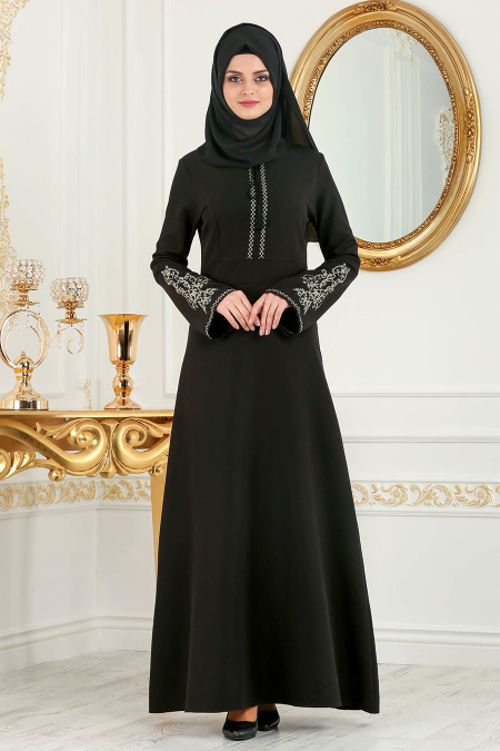 Nayla Collection - Nakışlı Siyah Tesettür Elbise 81516S