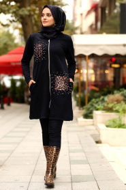 Nayla Collection - Navy Blue Hijab Coat 40014L - Thumbnail