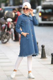 Nayla Collection - Navy Blue Hijab Coat 53640L - Thumbnail