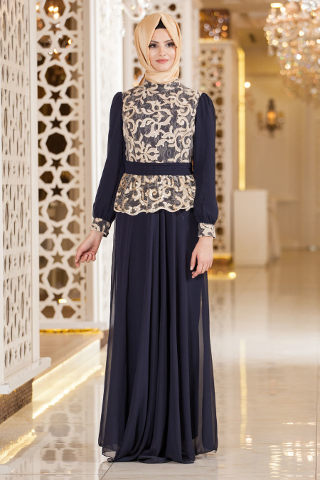 Nayla Collection - Navy Blue Hijab Dress 7014L