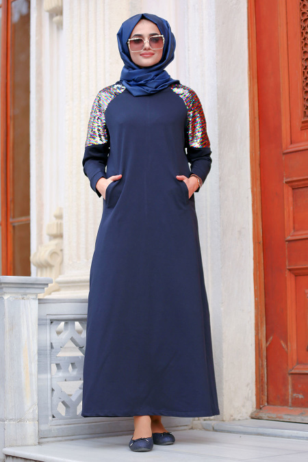 Nayla Collection - Omuzları Pul Payetli Lacivert Tesettür Elbise 8019L