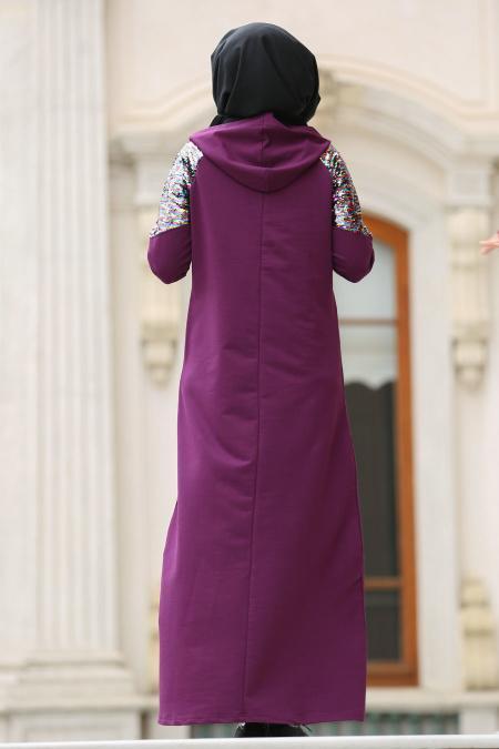 Nayla Collection - Omuzları Pul Payetli Mürdüm Tesettür Elbise 8019MU - 2