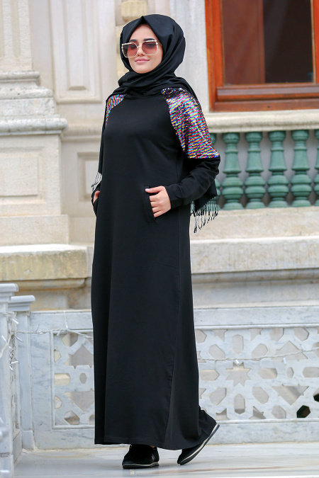 Nayla Collection - Omuzları Pul Payetli Siyah Tesettür Elbise 8019S