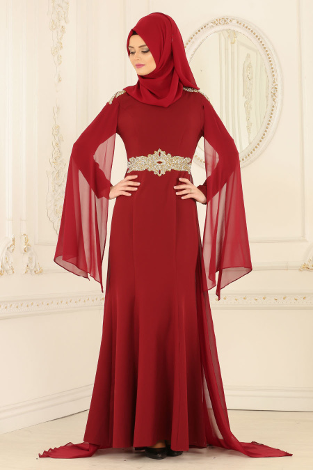 Nayla Collection - Omuzları Taş Detaylı Bordo Tesettür Abiye Elbise 20060BR
