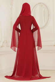 Nayla Collection - Omuzları Taş Detaylı Bordo Tesettür Abiye Elbise 20060BR - Thumbnail