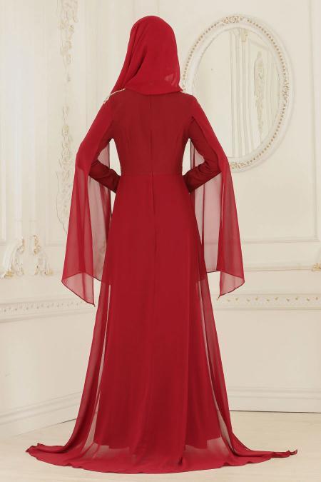 Nayla Collection - Omuzları Taş Detaylı Bordo Tesettür Abiye Elbise 20060BR - 2