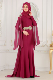 Nayla Collection - Omuzları Taş Detaylı Fuşya Tesettür Abiye Elbise 20060F - Thumbnail