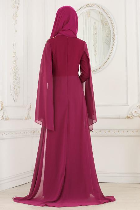 Nayla Collection - Omuzları Taş Detaylı Fuşya Tesettür Abiye Elbise 20060F - 2