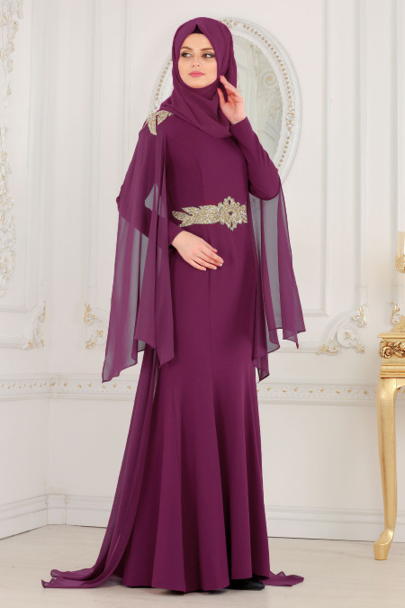 Nayla Collection - Omuzları Taş Detaylı Mor Tesettür Abiye Elbise 20060MOR