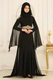 Nayla Collection - Omuzları Taş Detaylı Siyah Tesettür Abiye Elbise 20060S - Thumbnail