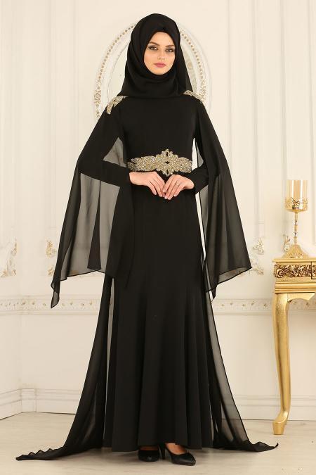 Nayla Collection - Omuzları Taş Detaylı Siyah Tesettür Abiye Elbise 20060S - 2