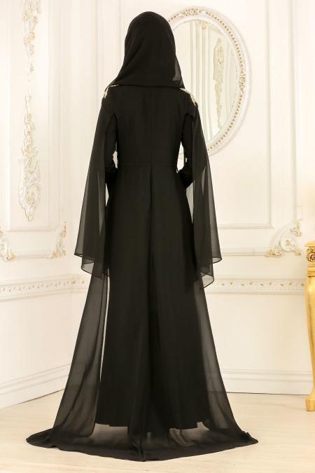 Nayla Collection - Omuzları Taş Detaylı Siyah Tesettür Abiye Elbise 20060S - 3