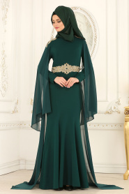 Nayla Collection - Omuzları Taş Detaylı Yeşil Tesettür Abiye Elbise 20060Y - Thumbnail