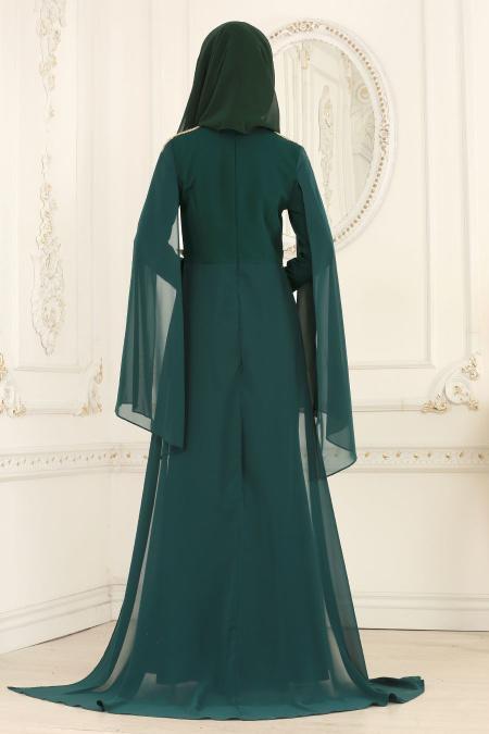Nayla Collection - Omuzları Taş Detaylı Yeşil Tesettür Abiye Elbise 20060Y - 2
