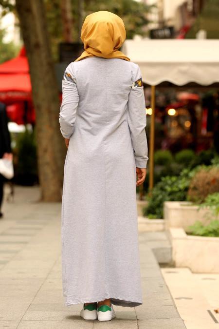 Nayla Collection - Önü Cepli Gri Tesettür Elbise 82620GR - 2