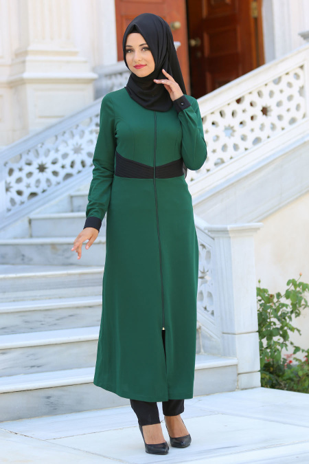 Nayla Collection - Önü Fermuarlı Uzun Yeşil Tesettür Ferace 2966Y
